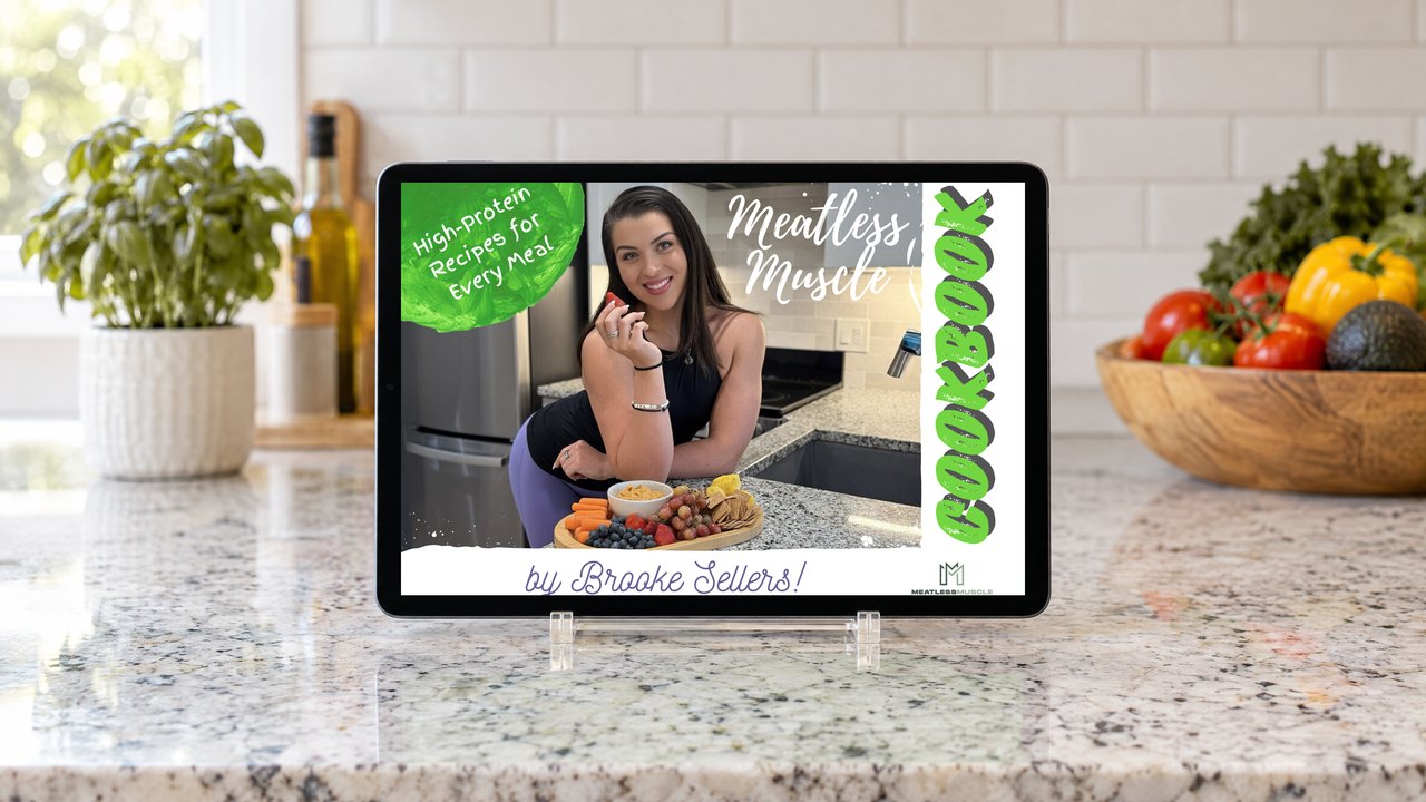 Meatless Muscle Cookbook on an iPad on a kitchen counter